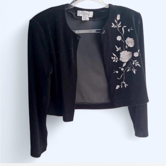 Vintage 90s Silver Black Embroidered Cardigan - Florals with Shoulder Pads - Picture 1 of 5